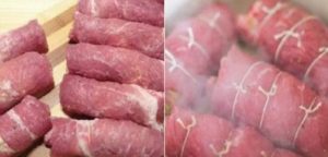 Spală carnea. Usuc-o și tai-o felii subțiri. Învelește feliile de carne în folie alimentară