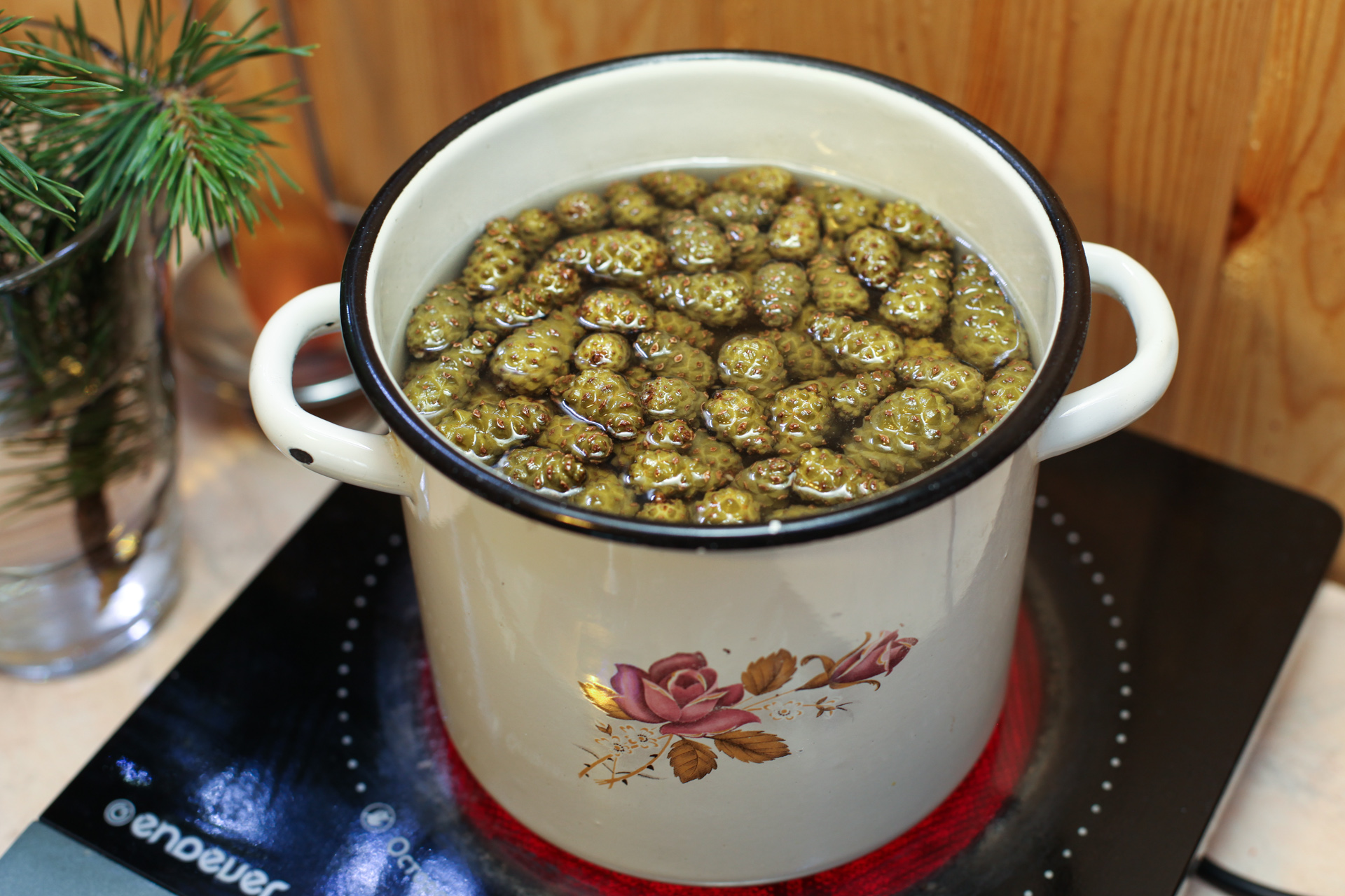 Conurile de pin se pun &icirc;ntr-o cratiță cu apă, se fierb 40 de minute, apoi se lasă &icirc;n decoct timp de 12-14 ore.