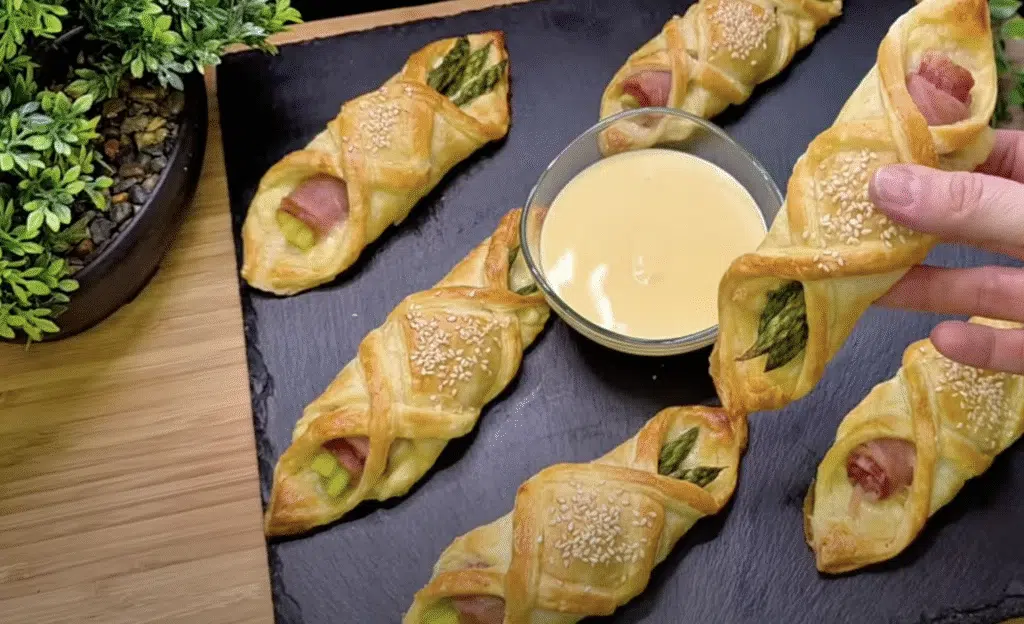 Pliculețe crocante cu sparanghel din aluat foietaj cu prosciutto și brânză