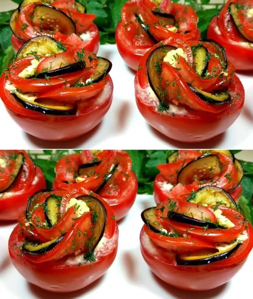 Cum să prepari o gustare elegantă în formă de floare din roșii și vinete