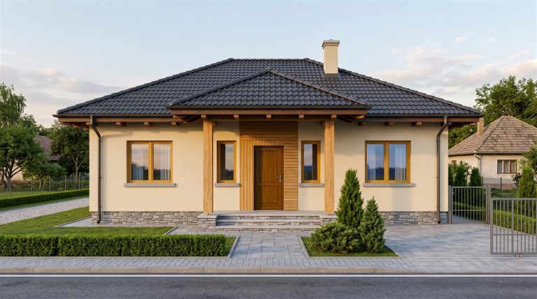 Casa Brădet, proiect de casă la parter în stil românesc. Randare a fațadei principale, văzută dinspre stradă