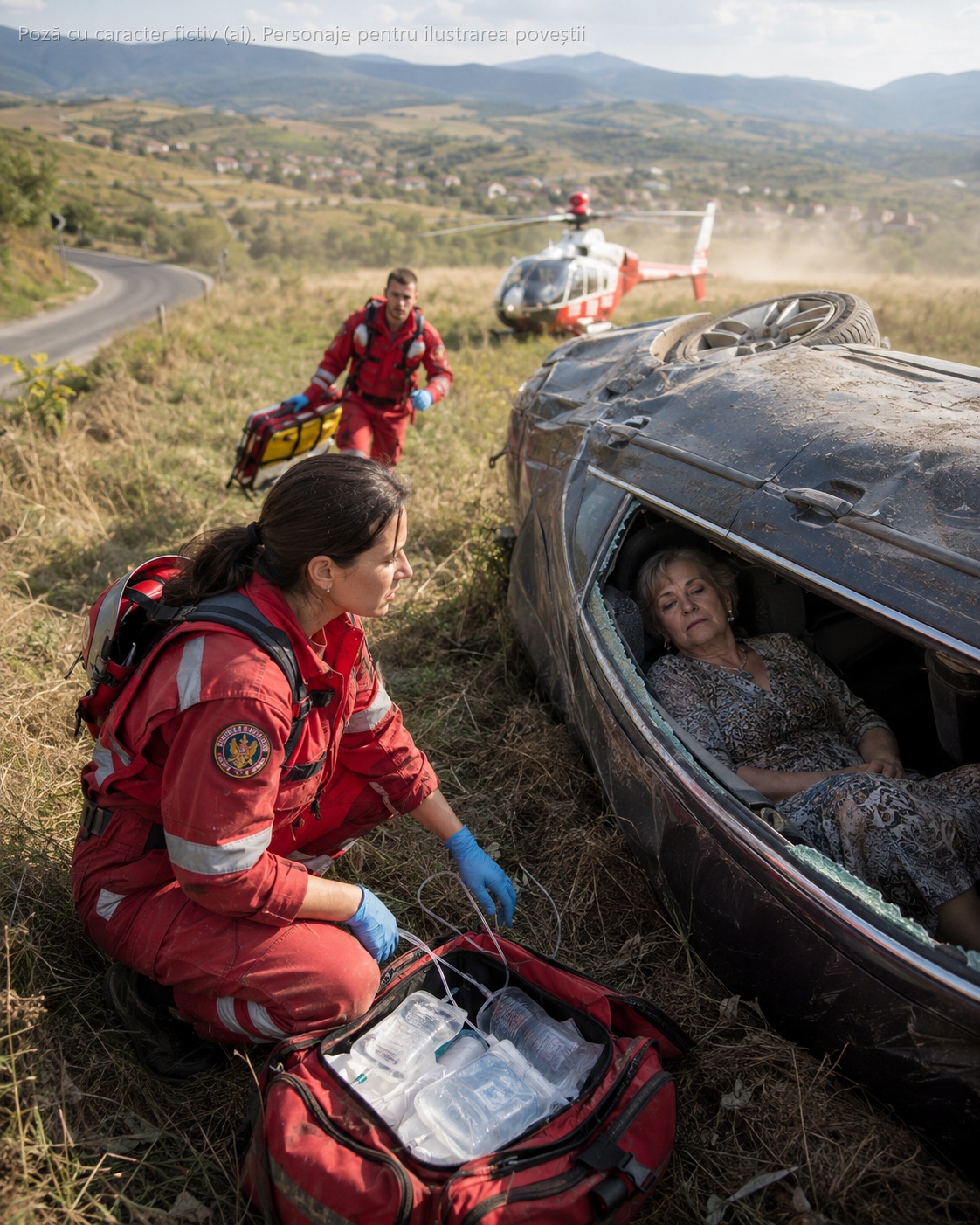 Femeia care spunea la poartă că „fata asta lăsată de căpșunari o s-ajungă spălătoreasă, ca bunică-sa" zăcea azi cu mașina în șanț, la marginea drumului… iar din elicopterul care a coborât peste deal am sărit eu, în combinezon roșu, singura care-i mai putea ține viața în mâini…