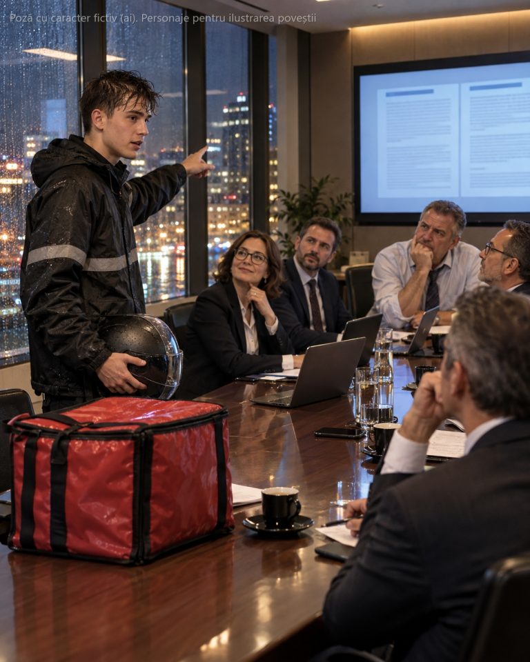 Am 19 ani și livrez mâncare pe scuter ca să-mi plătesc chiria. Când am pus punga pe masa lor de ședință, am văzut pe ecran contractul de milioane pe care nu-l putea traduce nimeni — și patronul a râs: „Ce, tu știi germană?"…