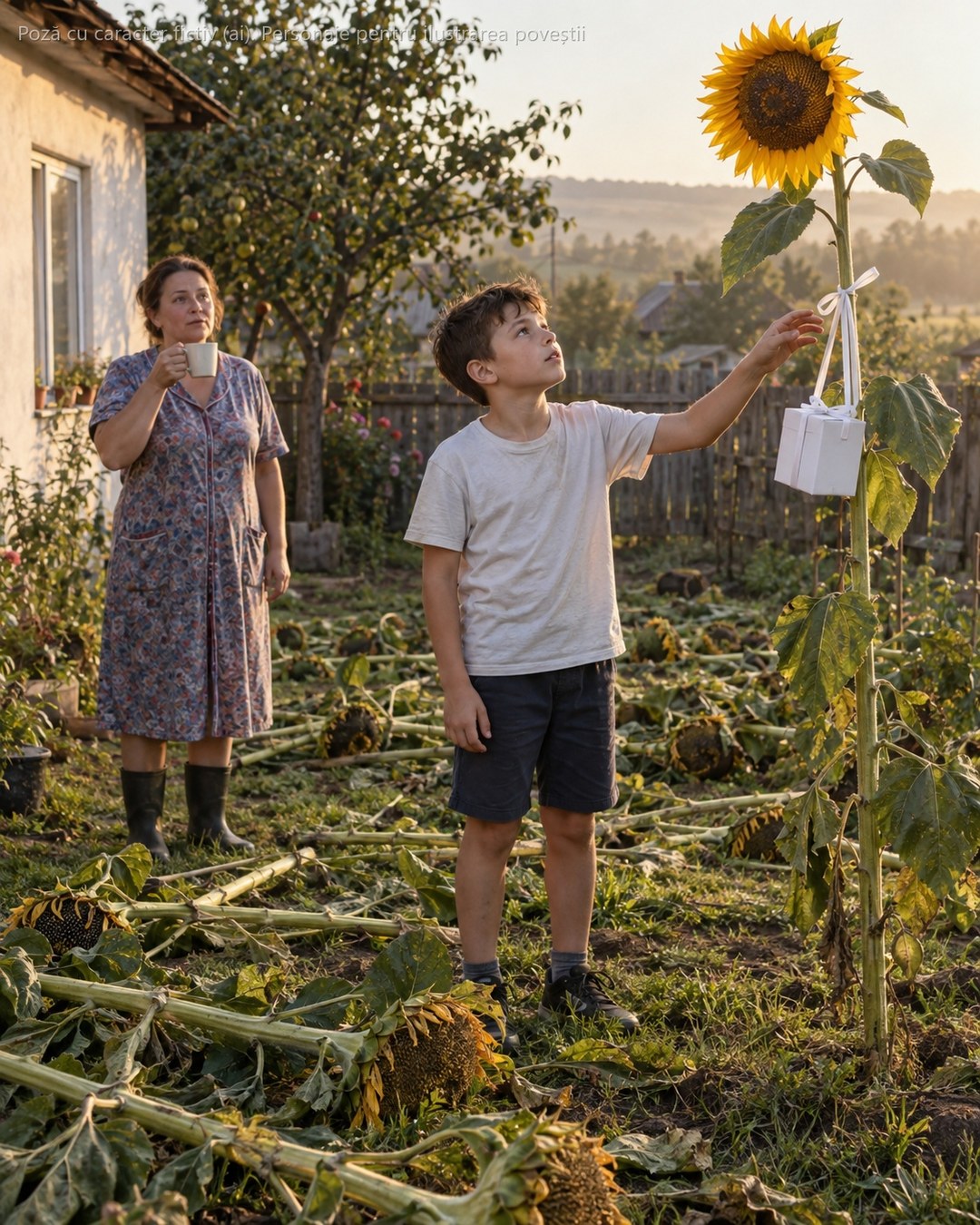 6 ani, fiul meu a plantat floarea-soarelui pentru sora lui geamănă, care s-a înecat la 6 ani. Sâmbătă am ieșit în grădină și toate florile erau tăiate — toate, în afară de una, de care atârna o cutiuță albă…