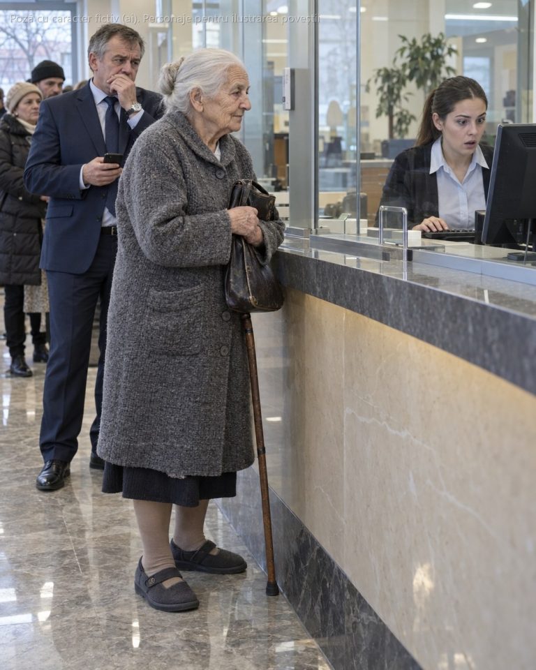 Am 87 de ani și m-am dus la bancă în halatul meu de casă și papucii ortopedici, doar să-mi văd pensia. Bărbatul din spatele meu, în costum, a pufnit tare: „Doamnă, bancomatul e afară, aici e coadă pentru oameni serioși” — până când fata de la ghișeu a rămas cu ochii pe ecran și n-a mai putut vorbi…