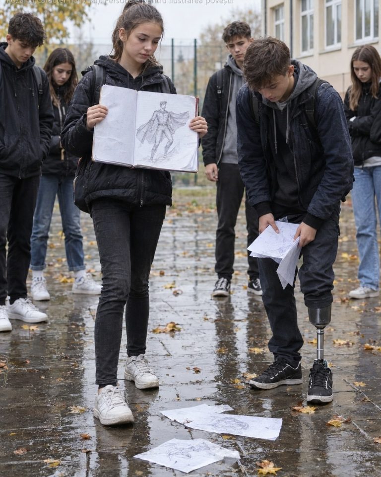 Toată clasa râdea când proteza mea zăngănea pe hol — până în ziua în care o fată nouă, cu pantofii scâlciați și bursă socială, s-a ridicat în picioare și a spus 7 cuvinte care i-au înghețat pe toți…