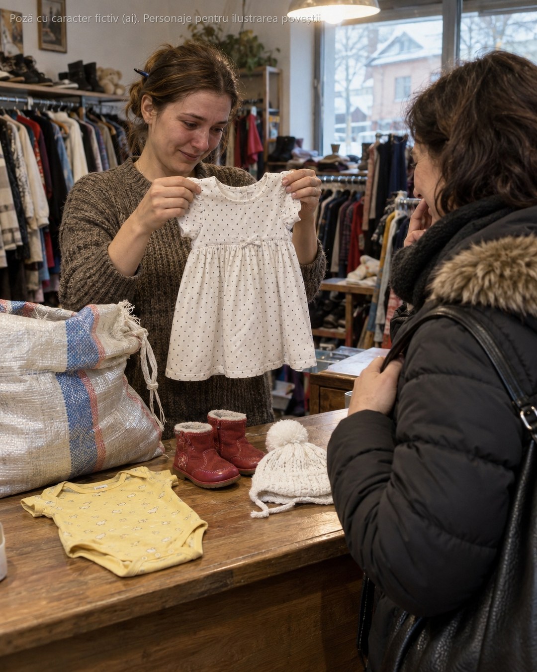 Duceam la second-hand un sac cu hăinuțe de fetiță de 2-3 ani, cele ale copilului pe care nu l-am mai avut niciodată. Când femeia de la tejghea le-a scos una câte una, s-a oprit la o rochiță și a început să plângă…