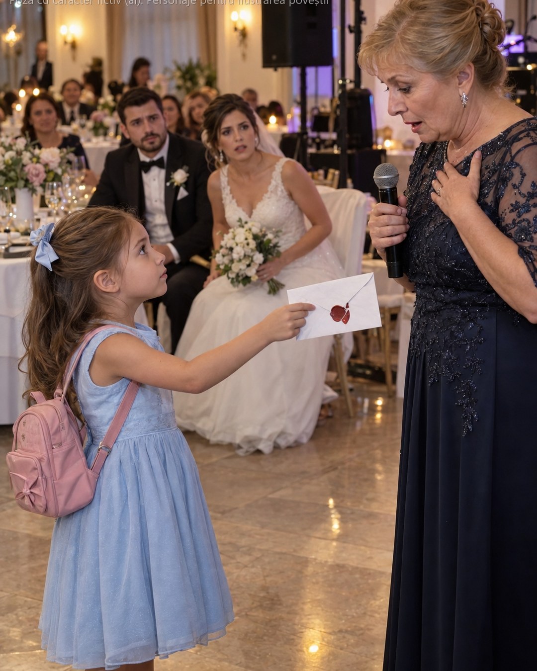 La nunta mea, soacra a pus mâna pe microfon și, cu zâmbetul acela dulce-otrăvit, a spus în fața a 150 de invitați: „Băiatul meu merită o fată curată, nu una care vine cu un copil de mână.” Sala a amuțit — până când fetița mea de 7 ani s-a ridicat, a luat un plic din ghiozdănel și a zis: „Tanti Veta, tati mi-a spus să citesc asta dacă o faci pe mama să plângă…”